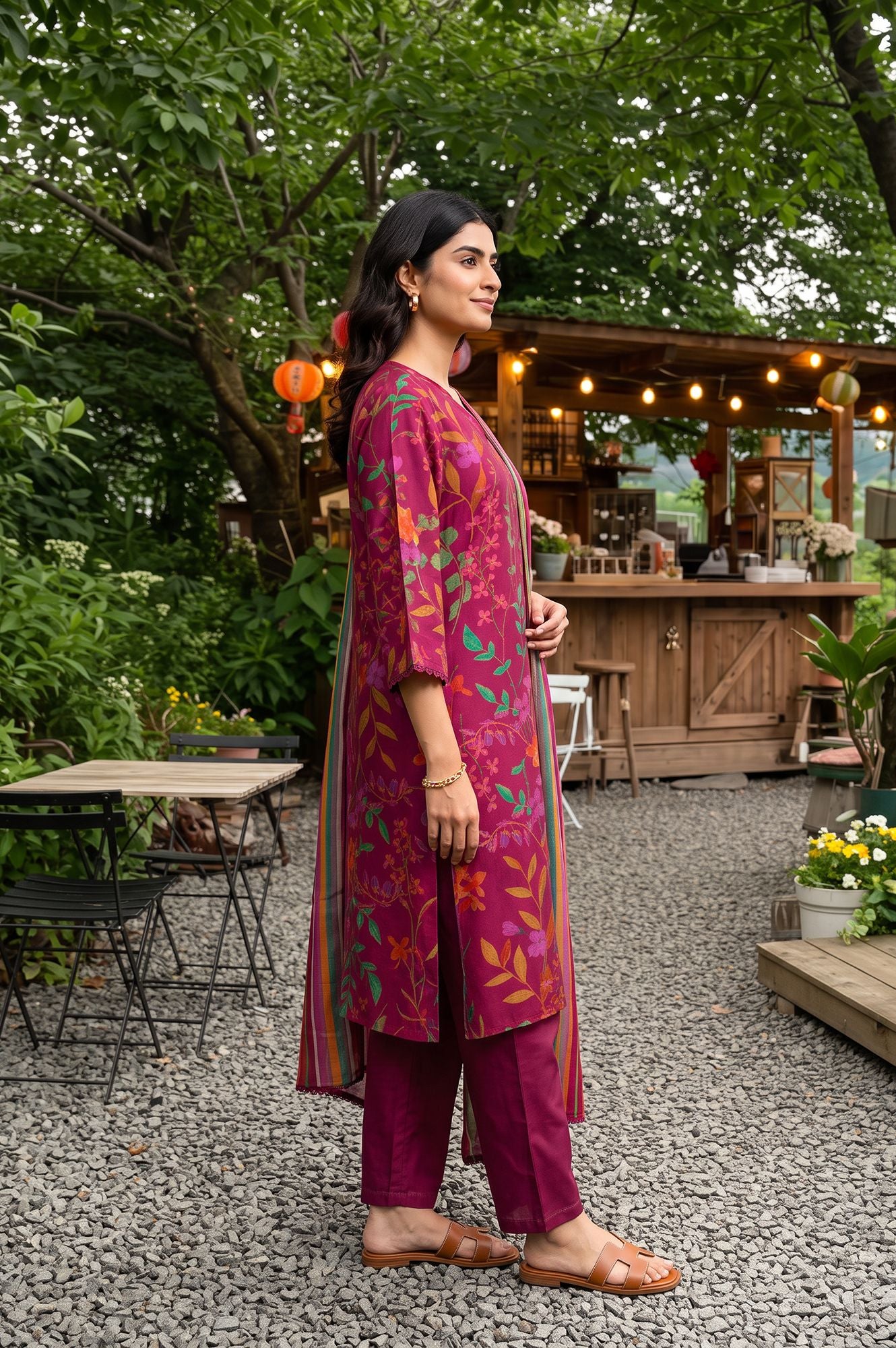 Wine Floral Printed Crepe Straight Kurta with Pants and Dupatta Set