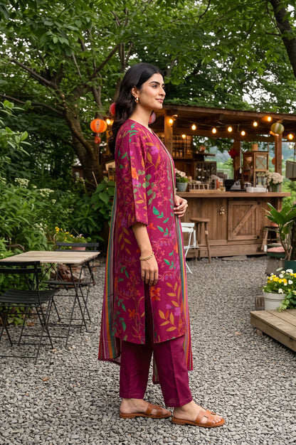 Wine Floral Printed Crepe Straight Kurta with Pants and Dupatta Set