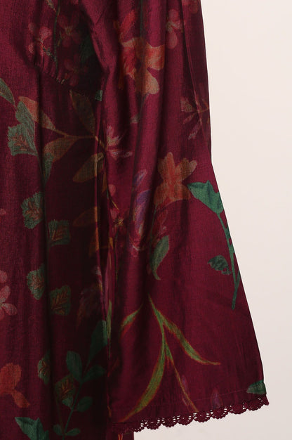 Wine Floral Printed Crepe Straight Kurta with Pants and Dupatta Set