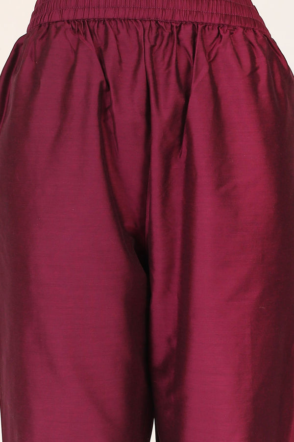 Wine Floral Printed Crepe Straight Kurta with Pants and Dupatta Set