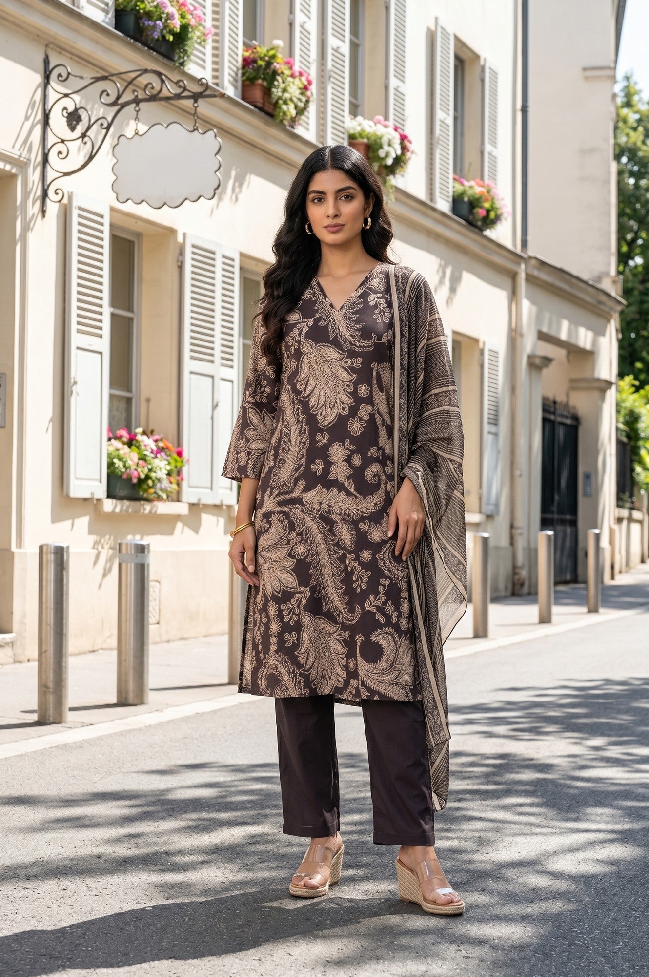 Black Paisley Printed Pure Cotton Straight Kurta With Pants And Dupatta Set