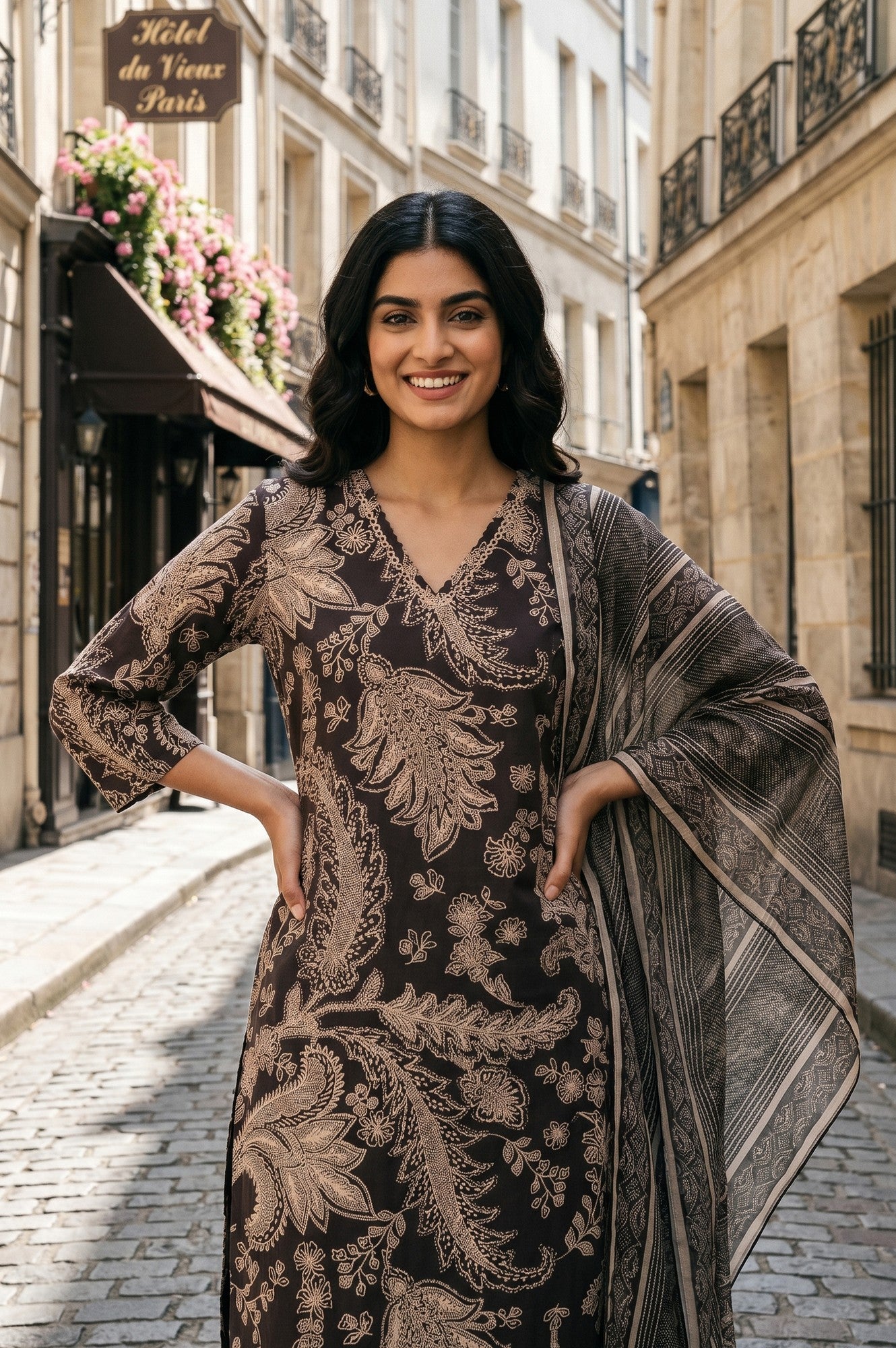 Black Paisley Printed Pure Cotton Straight Kurta With Pants And Dupatta Set