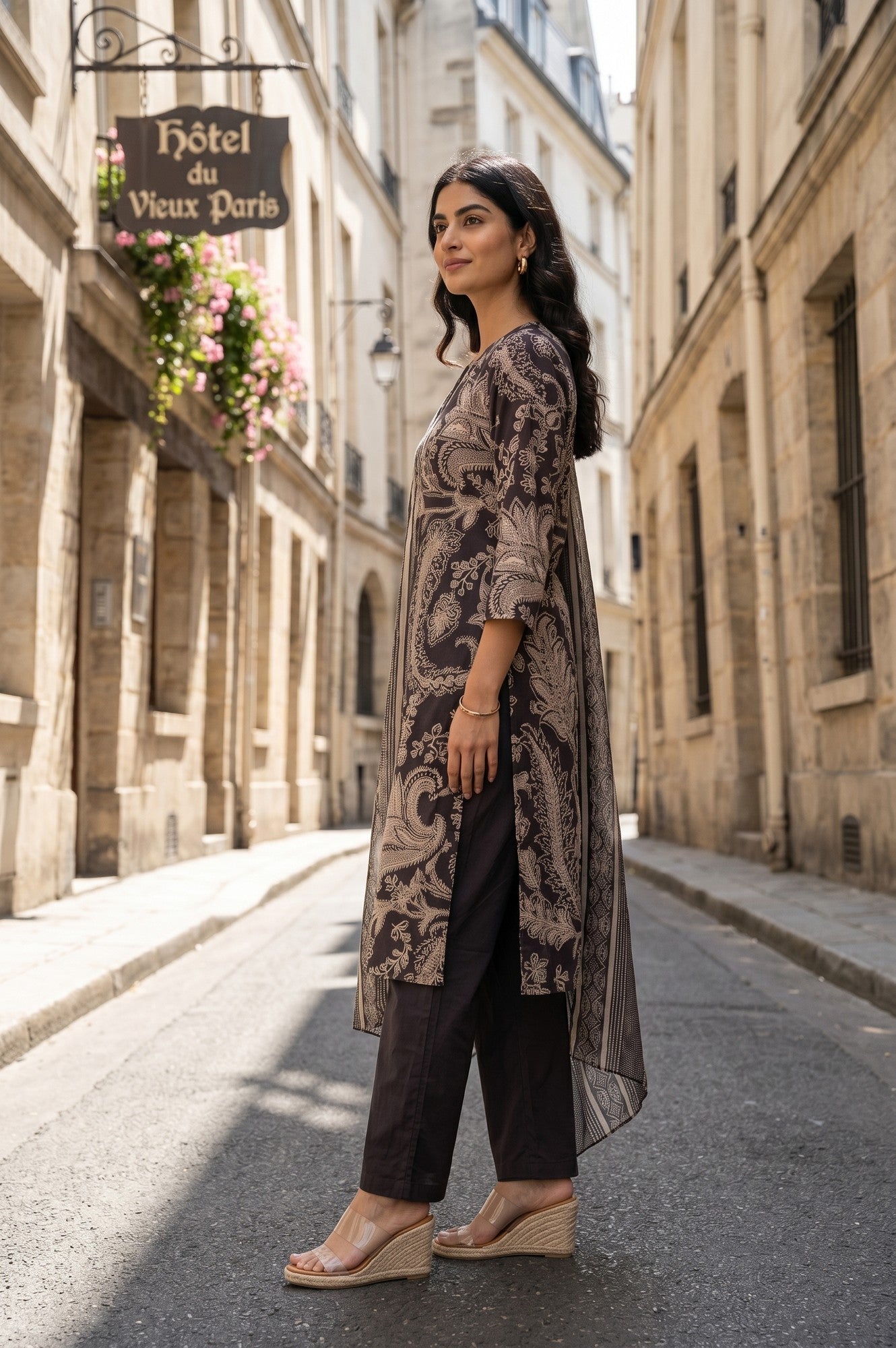 Black Paisley Printed Pure Cotton Straight Kurta With Pants And Dupatta Set