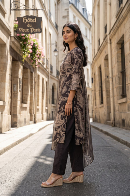 Black Paisley Printed Pure Cotton Straight Kurta With Pants And Dupatta Set
