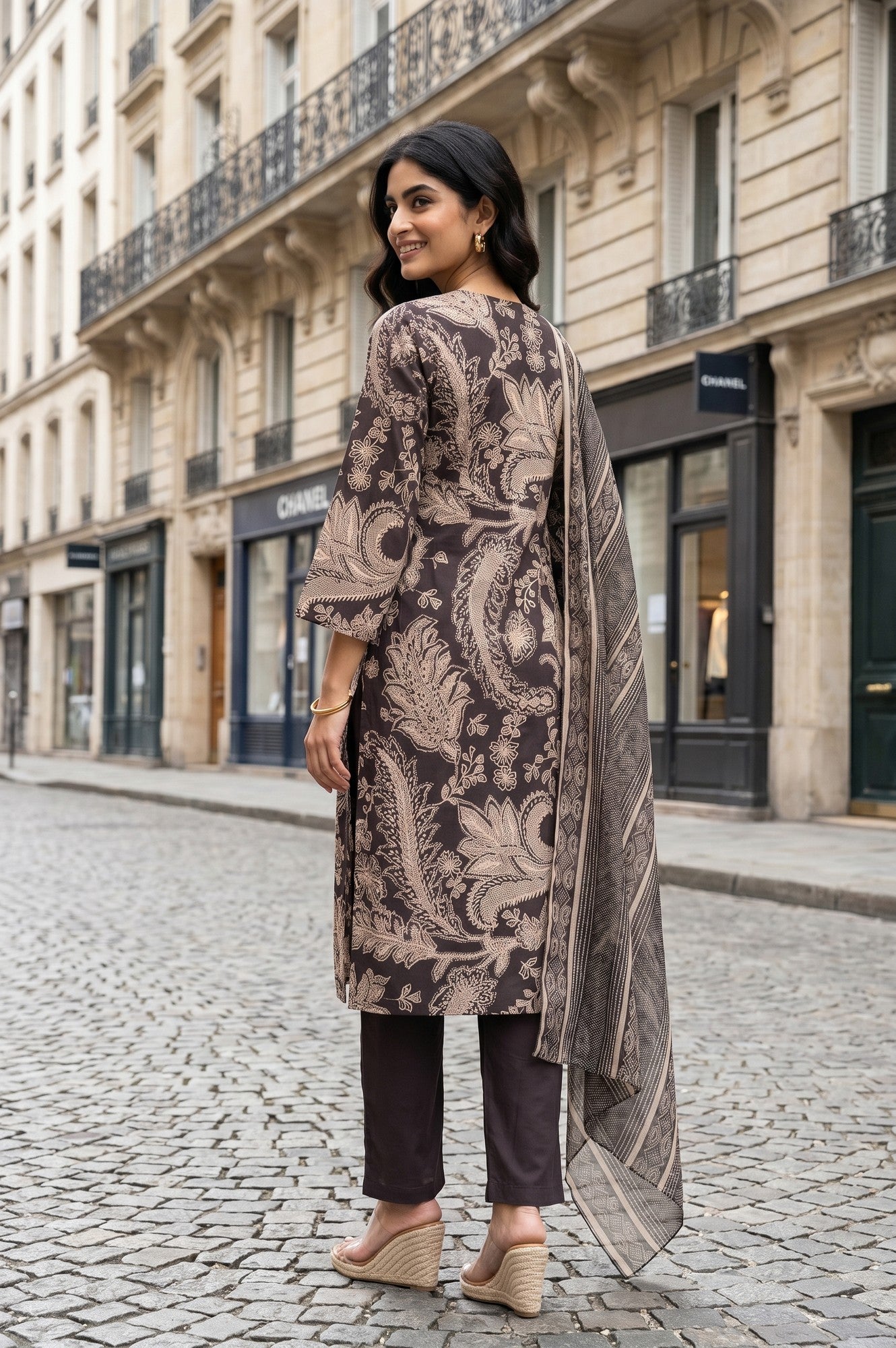 Black Paisley Printed Pure Cotton Straight Kurta With Pants And Dupatta Set