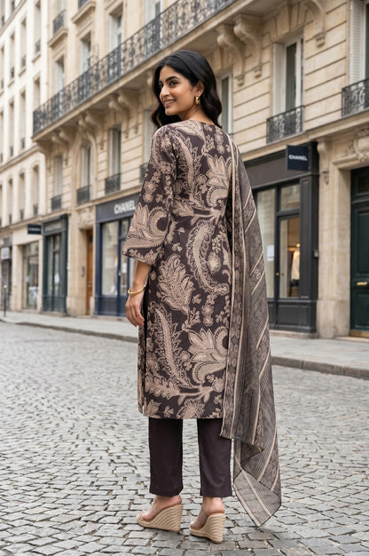 Black Paisley Printed Pure Cotton Straight Kurta With Pants And Dupatta Set