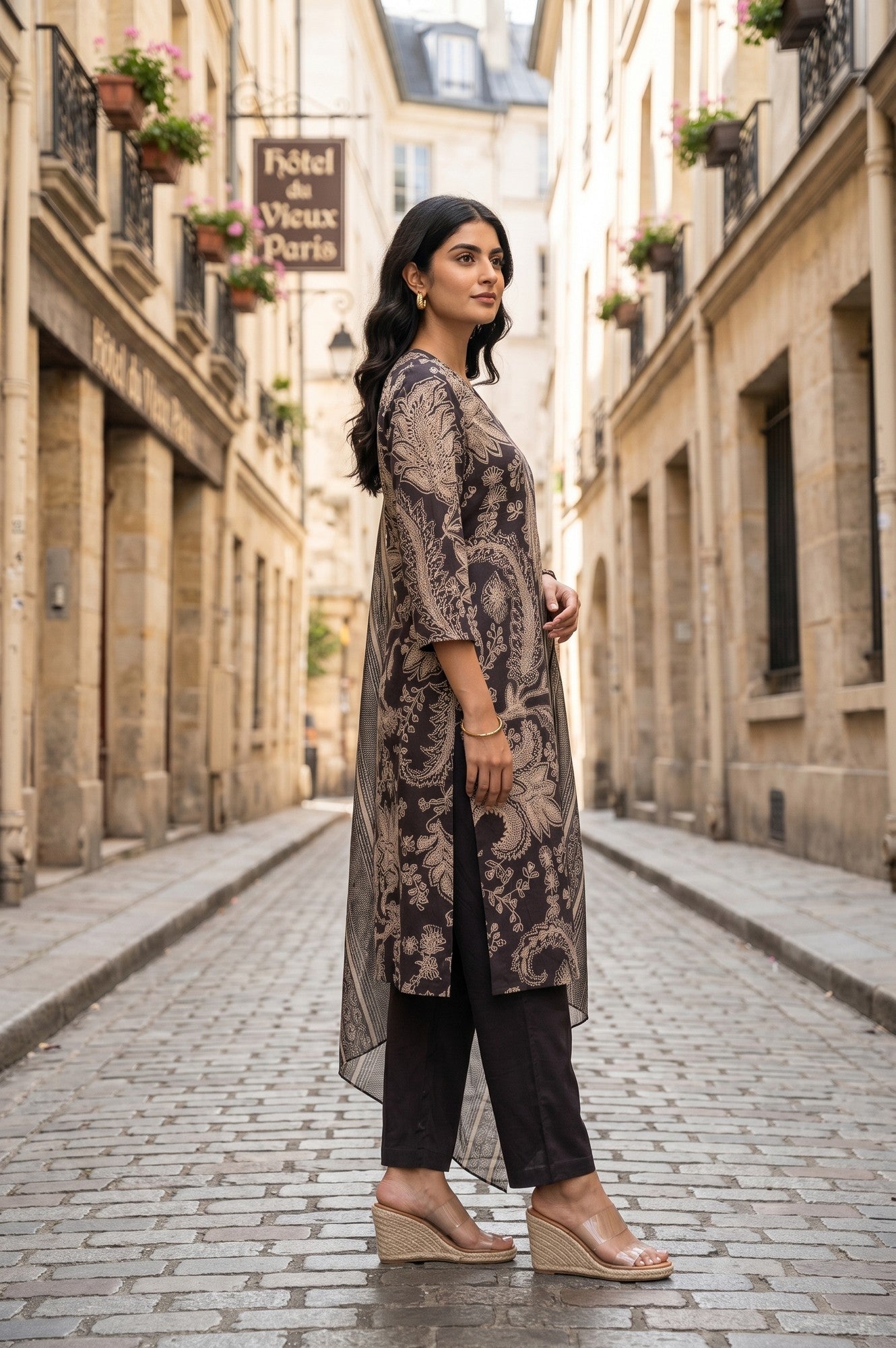 Black Paisley Printed Pure Cotton Straight Kurta With Pants And Dupatta Set