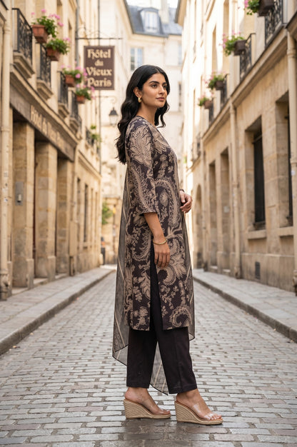 Black Paisley Printed Pure Cotton Straight Kurta With Pants And Dupatta Set