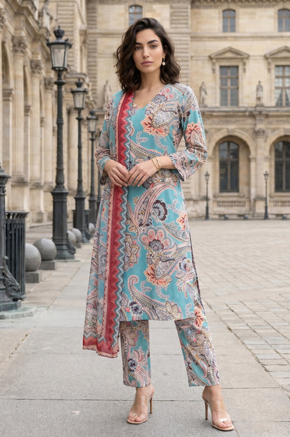 Teal Paisley Printed Rayon Straight Kurta with Pants and Dupatta Set