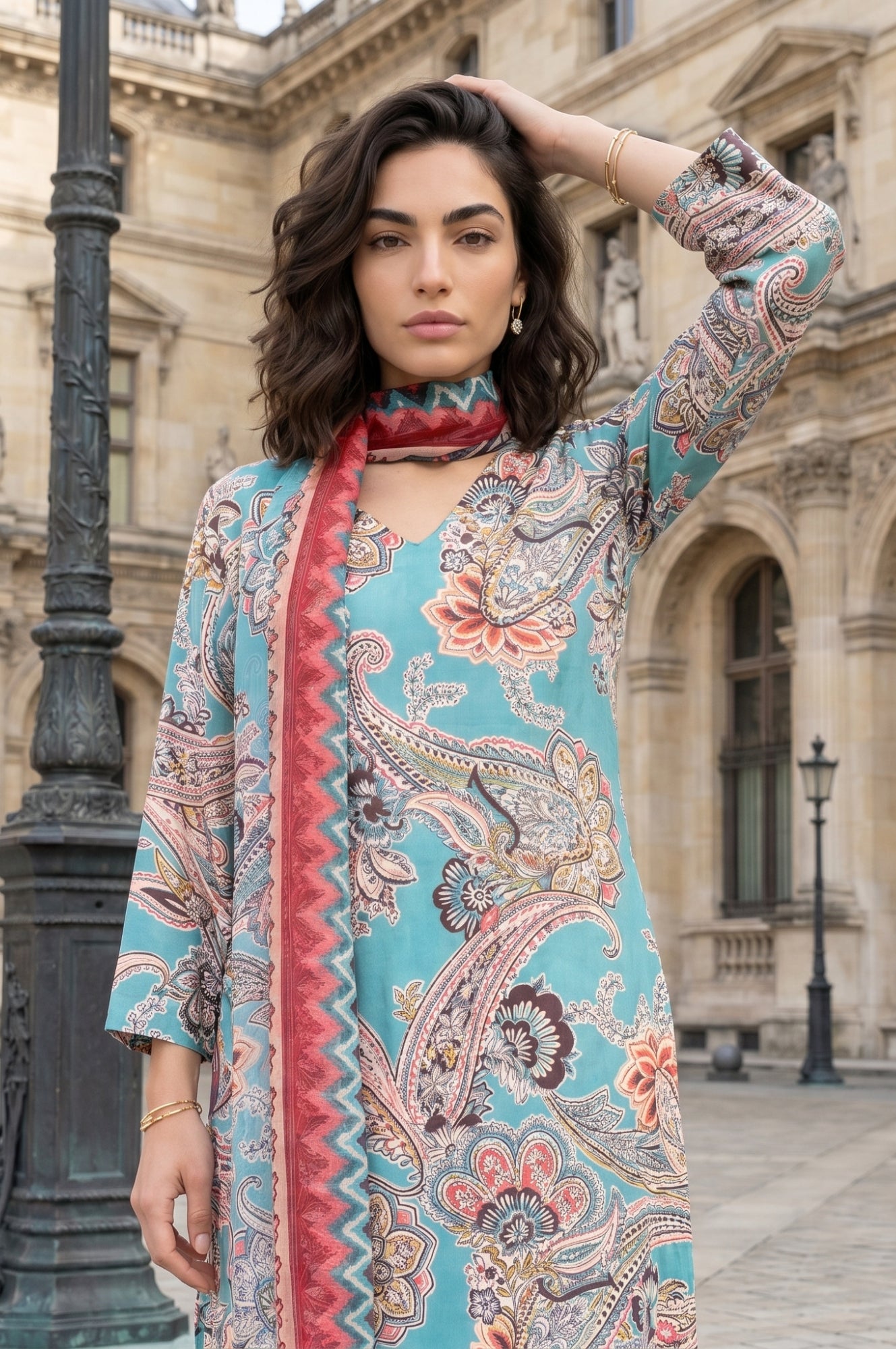 Teal Paisley Printed Rayon Straight Kurta with Pants and Dupatta Set