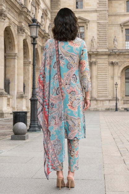 Teal Paisley Printed Rayon Straight Kurta with Pants and Dupatta Set