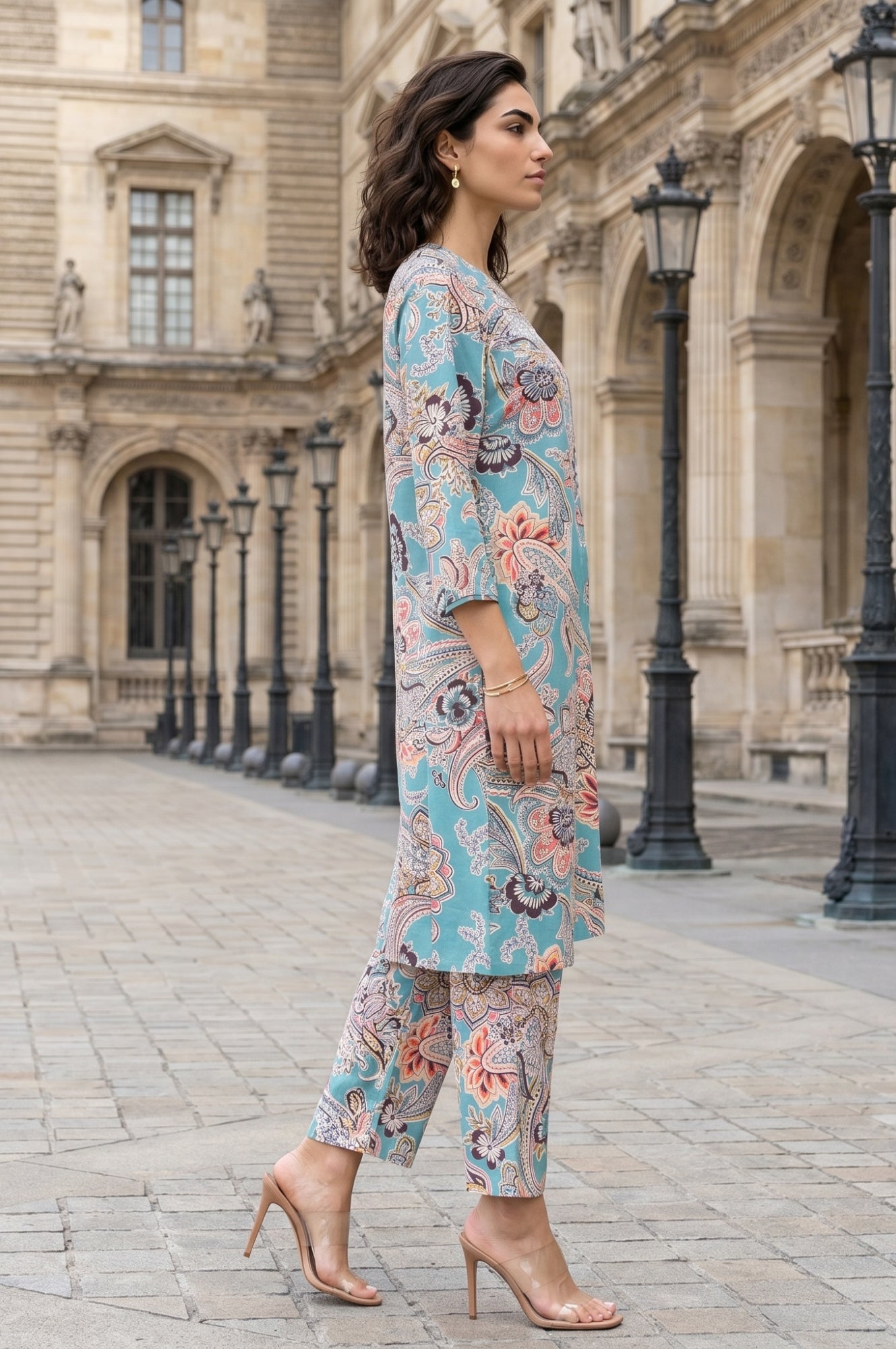 Teal Paisley Printed Rayon Straight Kurta with Pants and Dupatta Set