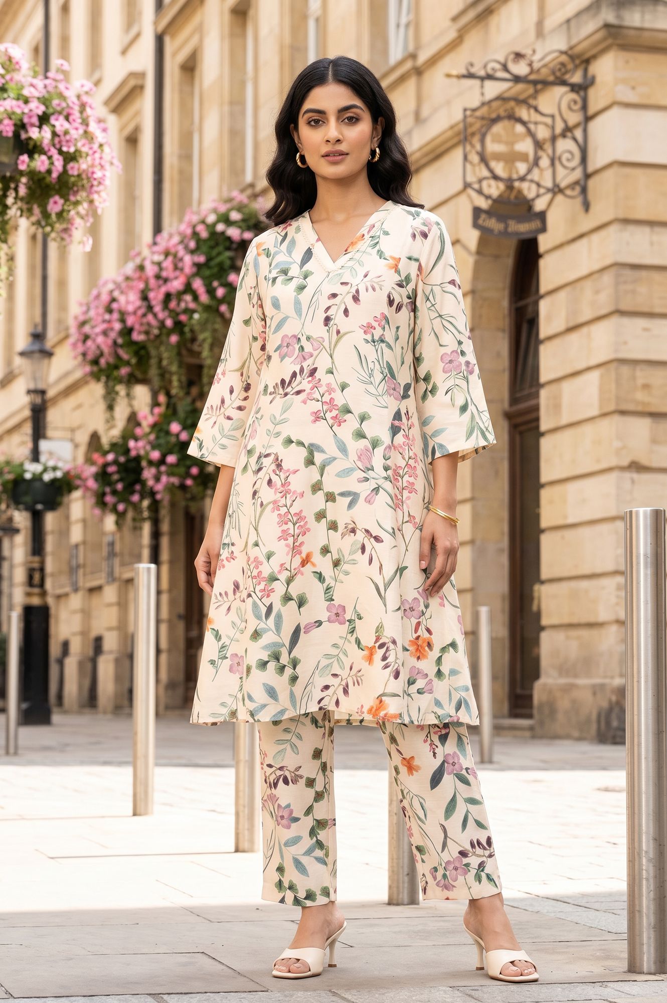 Off-White Floral Printed Straight Kurta with Pants Co-ord Set