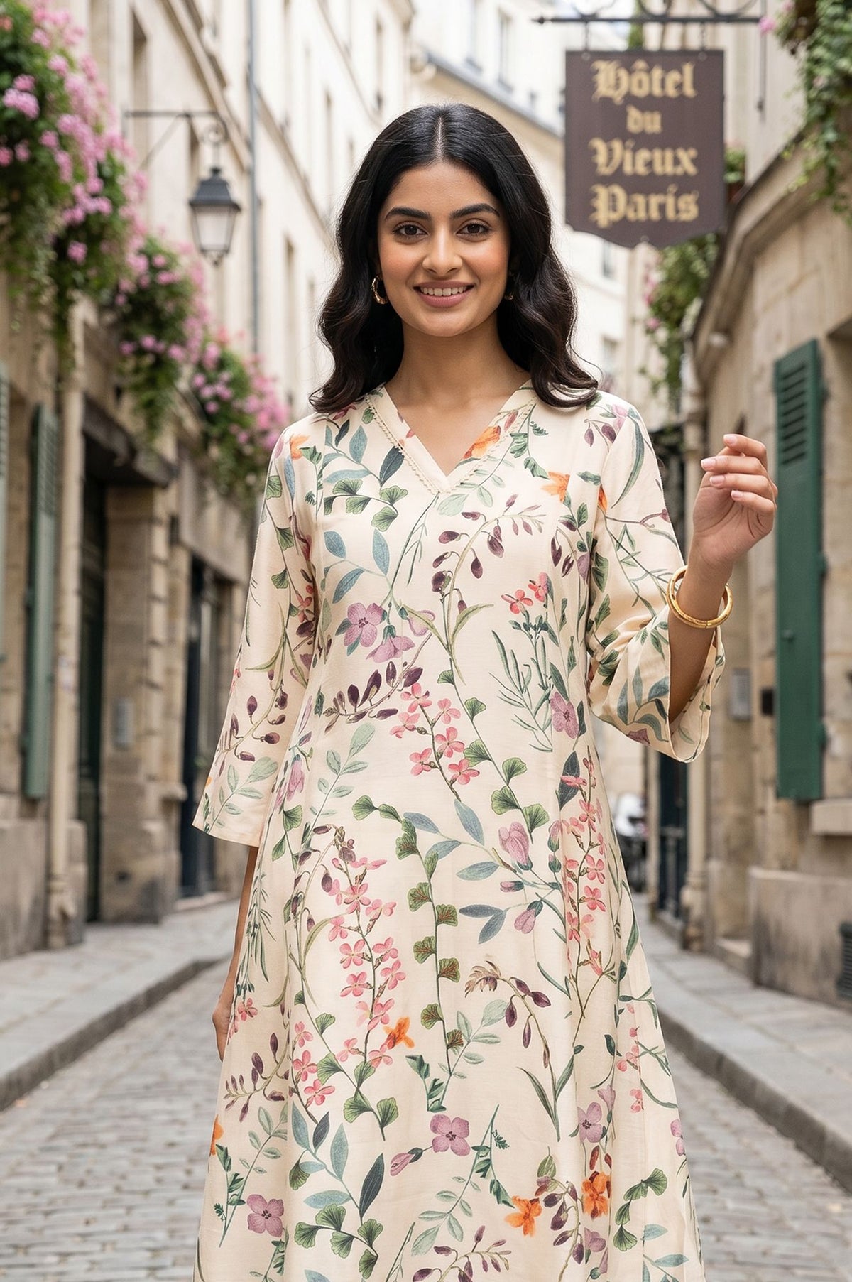 Off-White Floral Printed Straight Kurta with Pants Co-ord Set