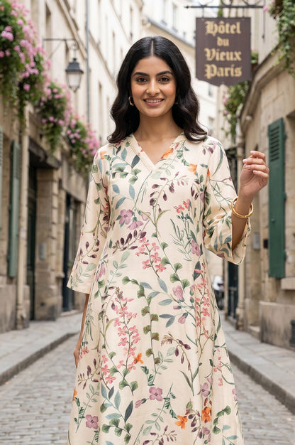 Off-White Floral Printed Straight Kurta with Pants Co-ord Set