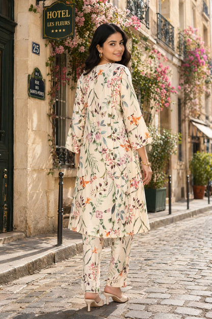 Off-White Floral Printed Straight Kurta with Pants Co-ord Set