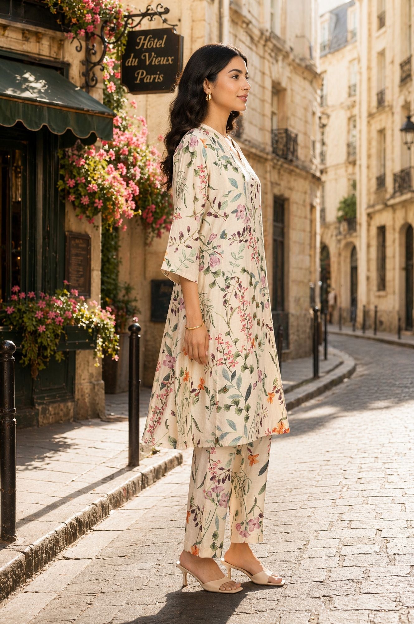 Off-White Floral Printed Straight Kurta with Pants Co-ord Set