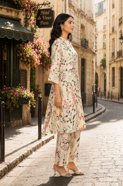 Off-White Floral Printed Straight Kurta with Pants Co-ord Set