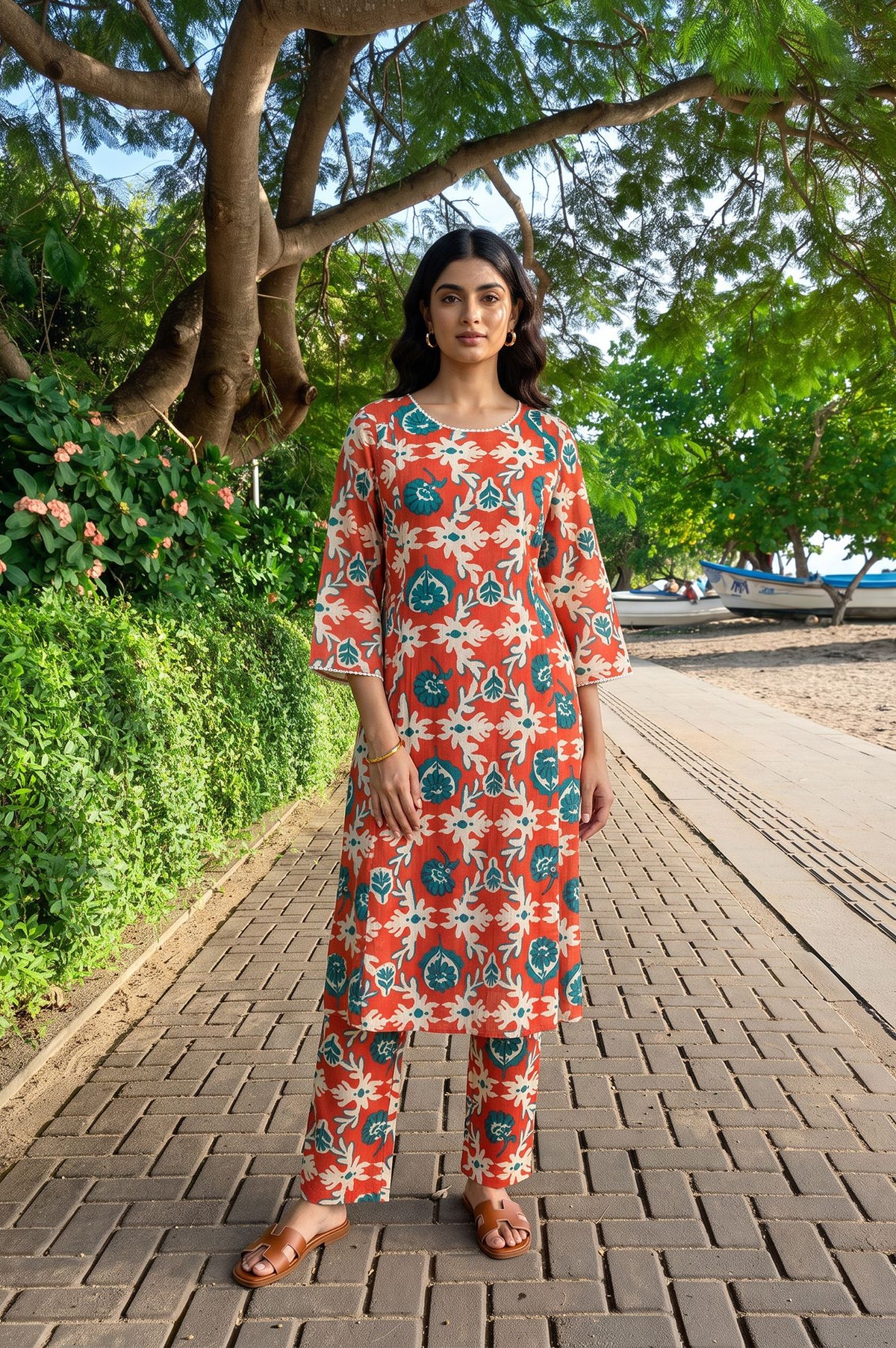 Rust Floral Printed Pure Cotton Straight Kurta with Pants Co-ord Set - XS