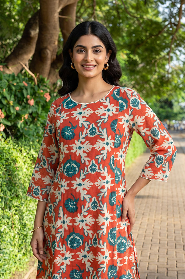 Rust Floral Printed Pure Cotton Straight Kurta with Pants Co-ord Set