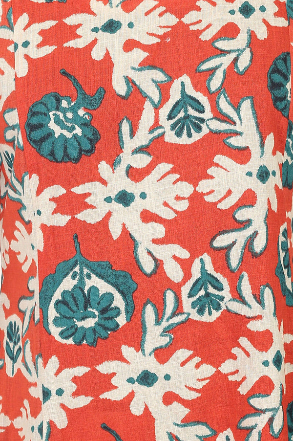 Rust Floral Printed Pure Cotton Straight Kurta with Pants Co-ord Set