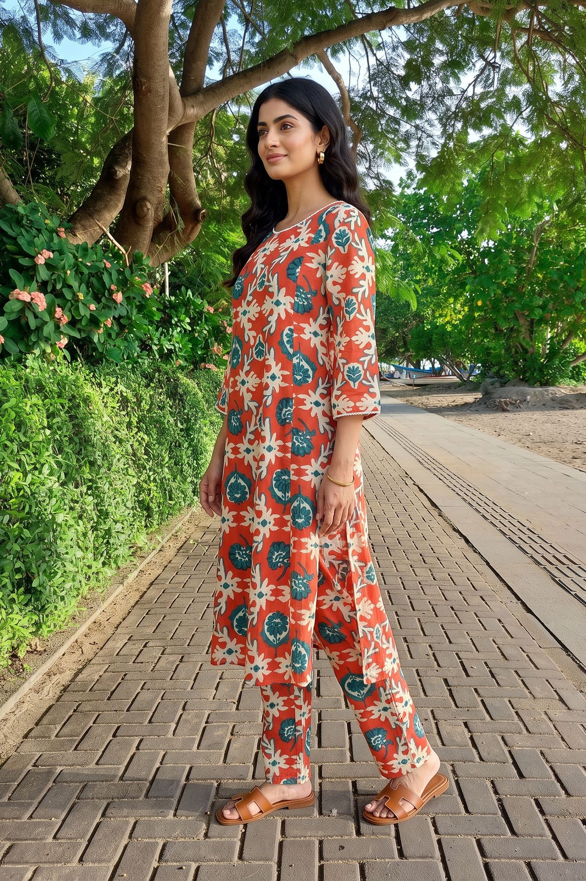 Rust Floral Printed Pure Cotton Straight Kurta with Pants Co-ord Set