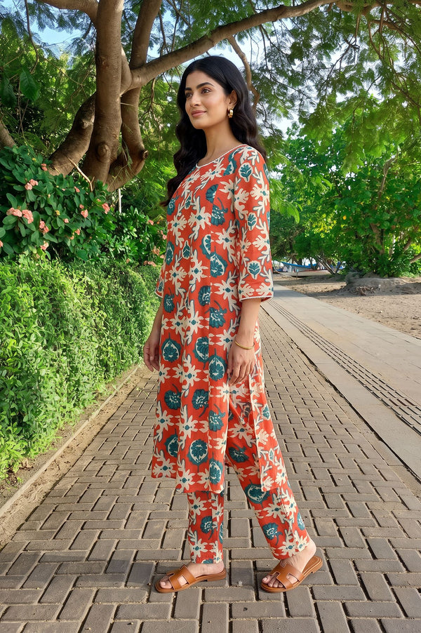 Rust Floral Printed Pure Cotton Straight Kurta with Pants Co-ord Set
