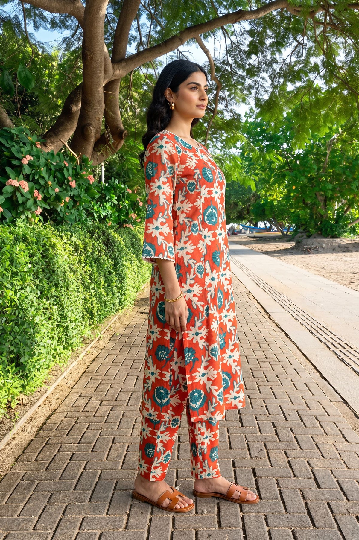 Rust Floral Printed Pure Cotton Straight Kurta with Pants Co-ord Set