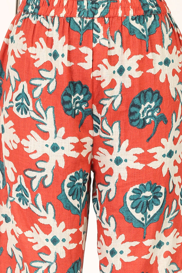 Rust Floral Printed Pure Cotton Straight Kurta with Pants Co-ord Set