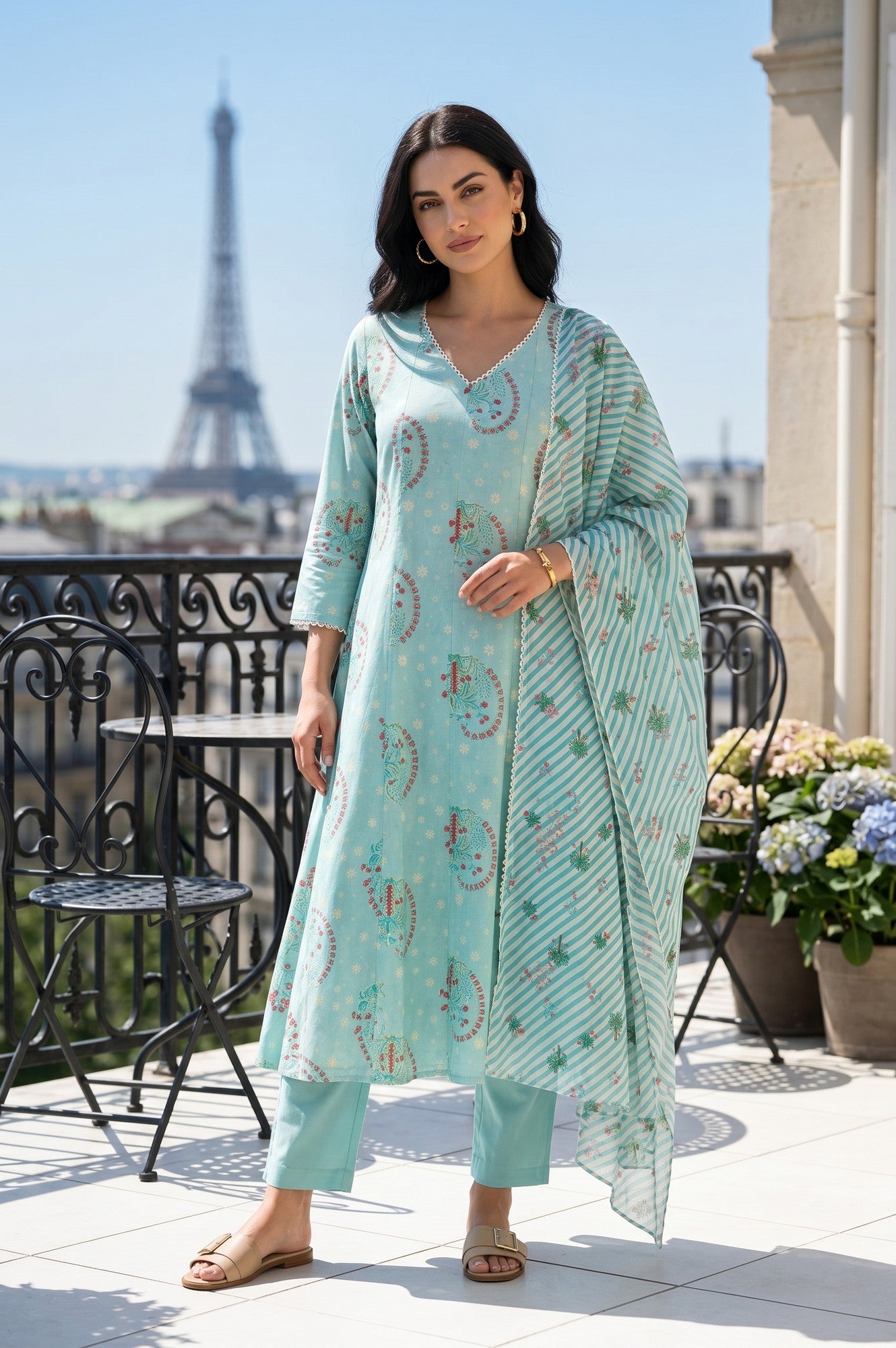 Sea Green Paisley Printed Flared Kurta With Pants And Dupatta Set