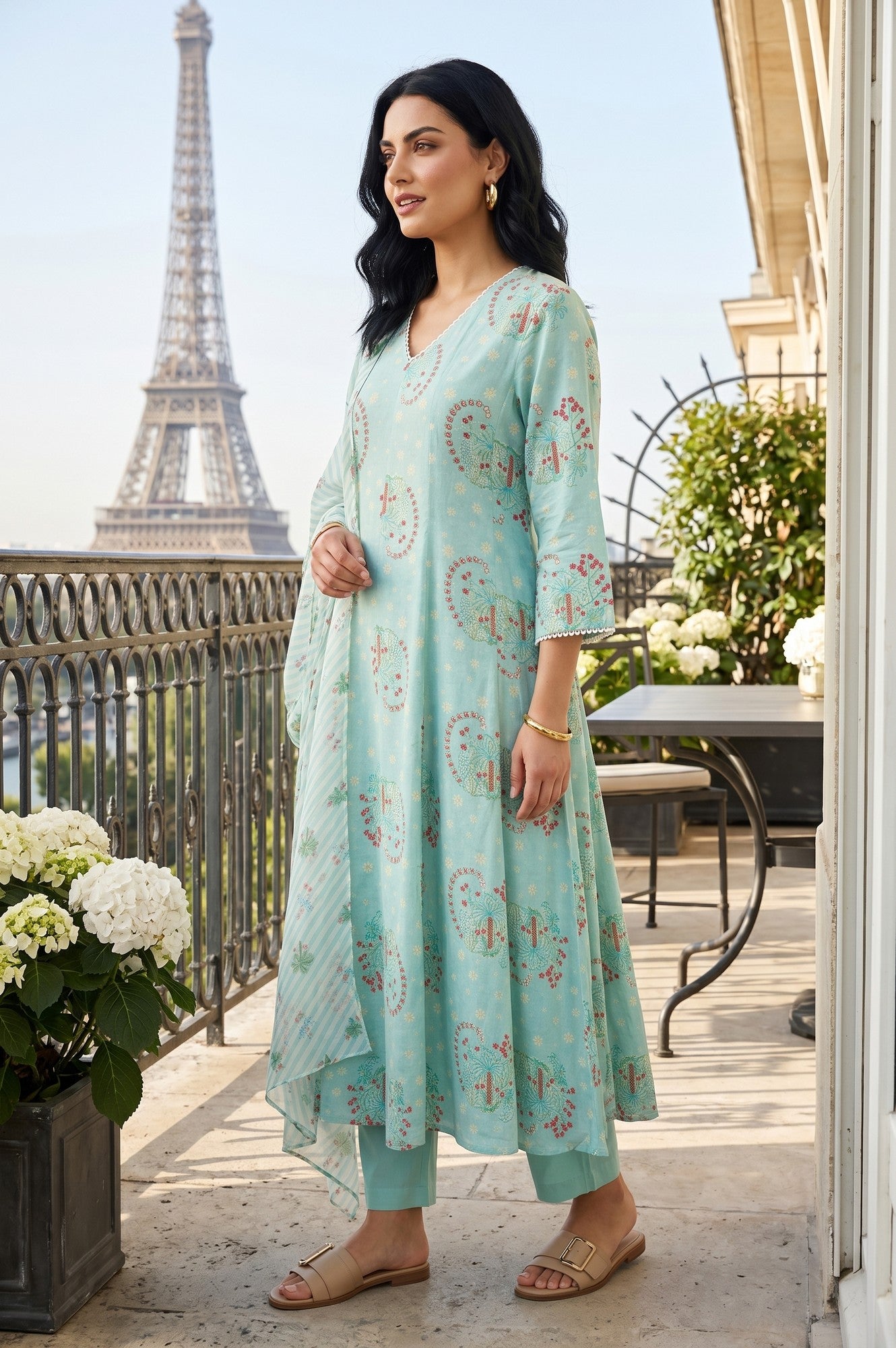 Sea Green Paisley Printed Flared Kurta With Pants And Dupatta Set
