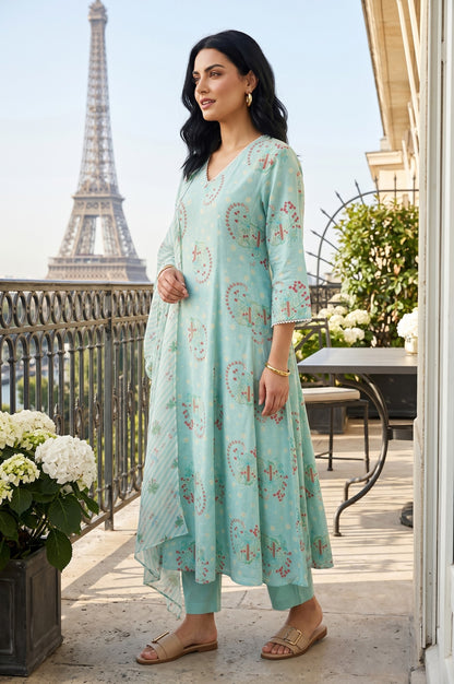 Sea Green Paisley Printed Flared Kurta With Pants And Dupatta Set