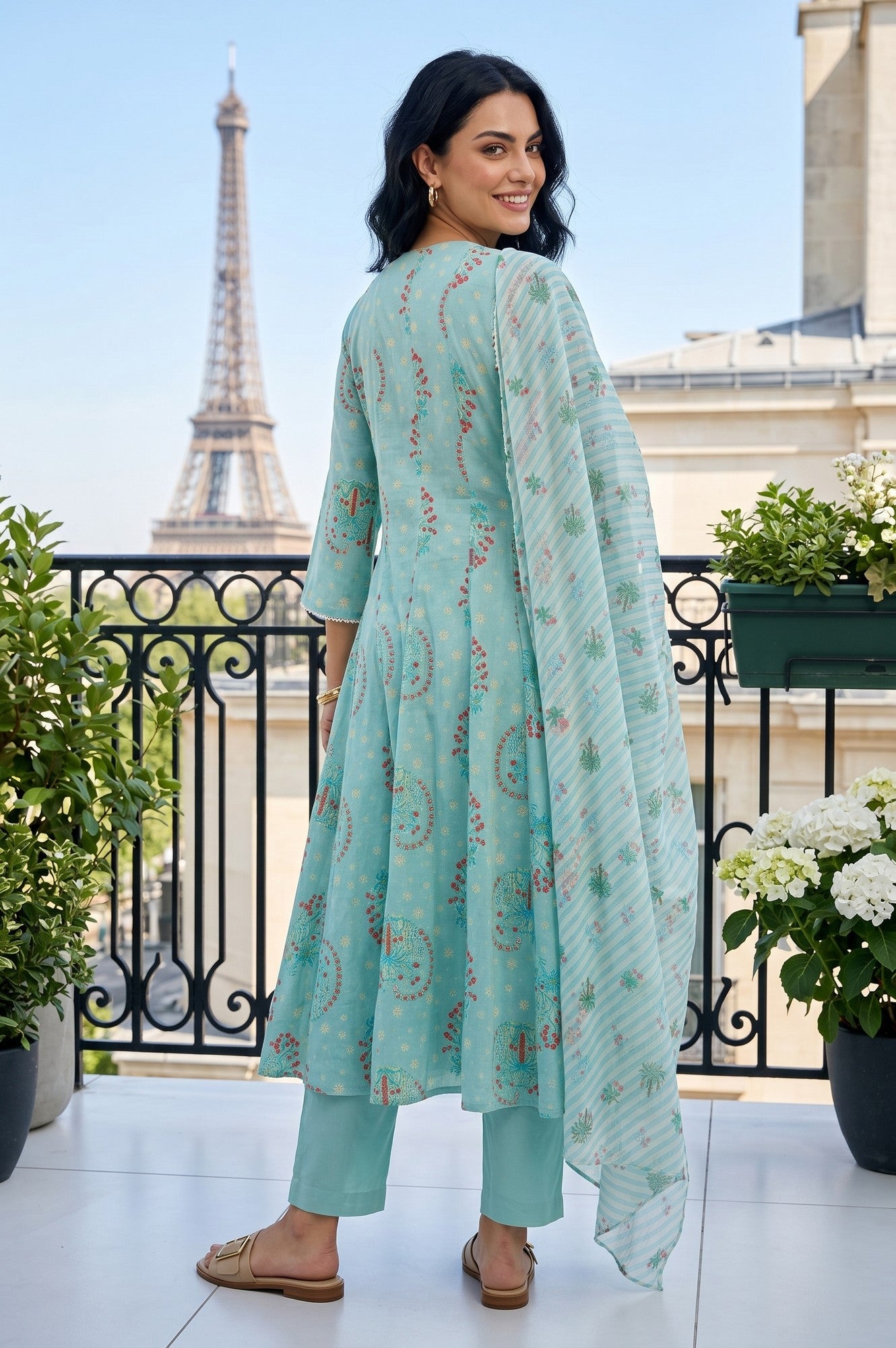 Sea Green Paisley Printed Flared Kurta With Pants And Dupatta Set