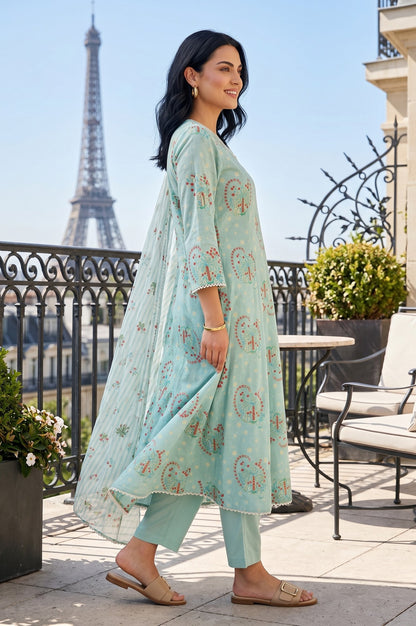 Sea Green Paisley Printed Flared Kurta With Pants And Dupatta Set