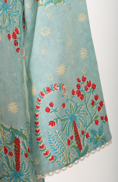 Sea Green Paisley Printed Flared Kurta With Pants And Dupatta Set