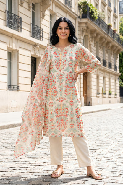 Powder Yellow Floral Printed Chiffon Straight Kurta With Pants And Dupatta Set