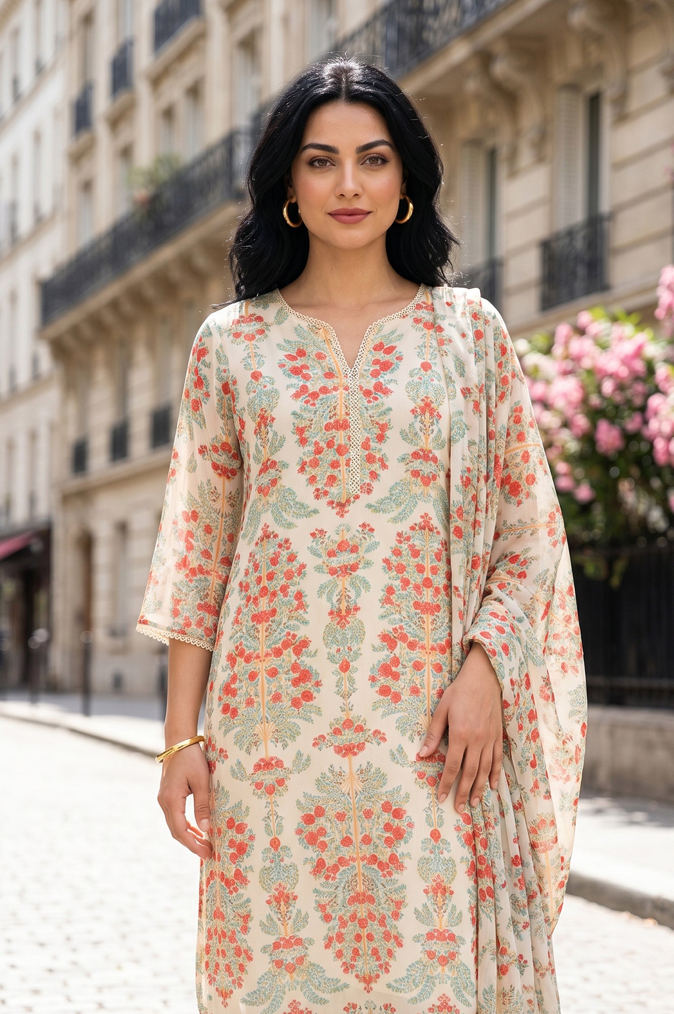 Powder Yellow Floral Printed Chiffon Straight Kurta With Pants And Dupatta Set
