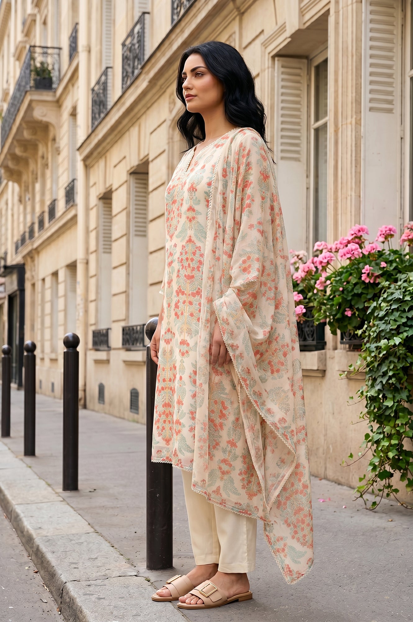 Powder Yellow Floral Printed Chiffon Straight Kurta With Pants And Dupatta Set