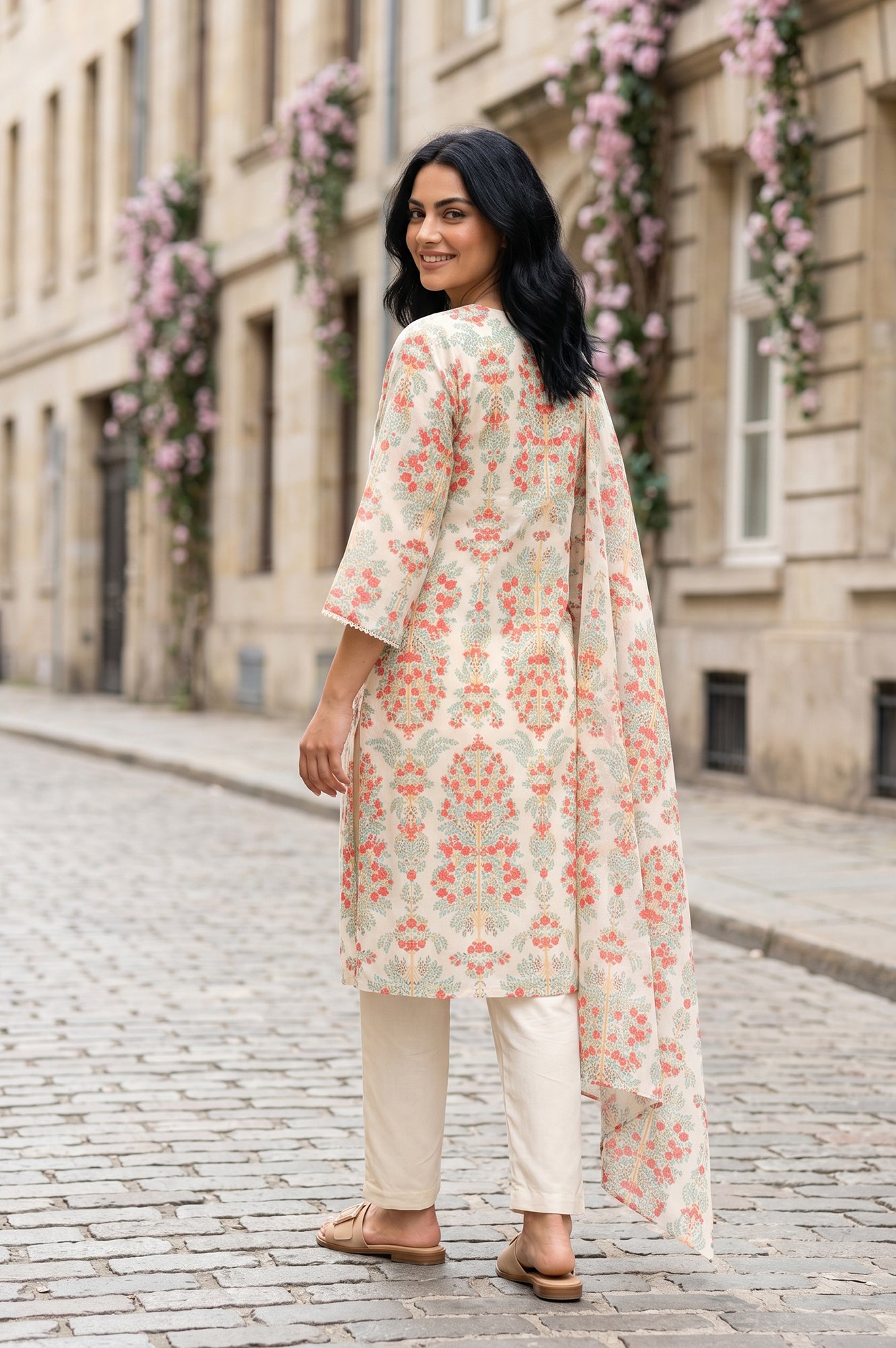 Powder Yellow Floral Printed Chiffon Straight Kurta With Pants And Dupatta Set