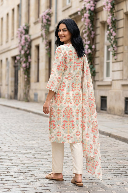 Powder Yellow Floral Printed Chiffon Straight Kurta With Pants And Dupatta Set