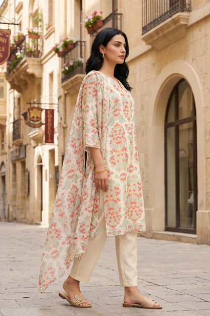Powder Yellow Floral Printed Chiffon Straight Kurta With Pants And Dupatta Set