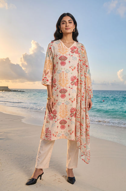 Off-White Floral Printed Straight Kurta with Pants and Dupatta Set