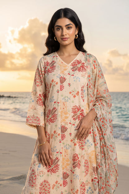 Off-White Floral Printed Straight Kurta with Pants and Dupatta Set