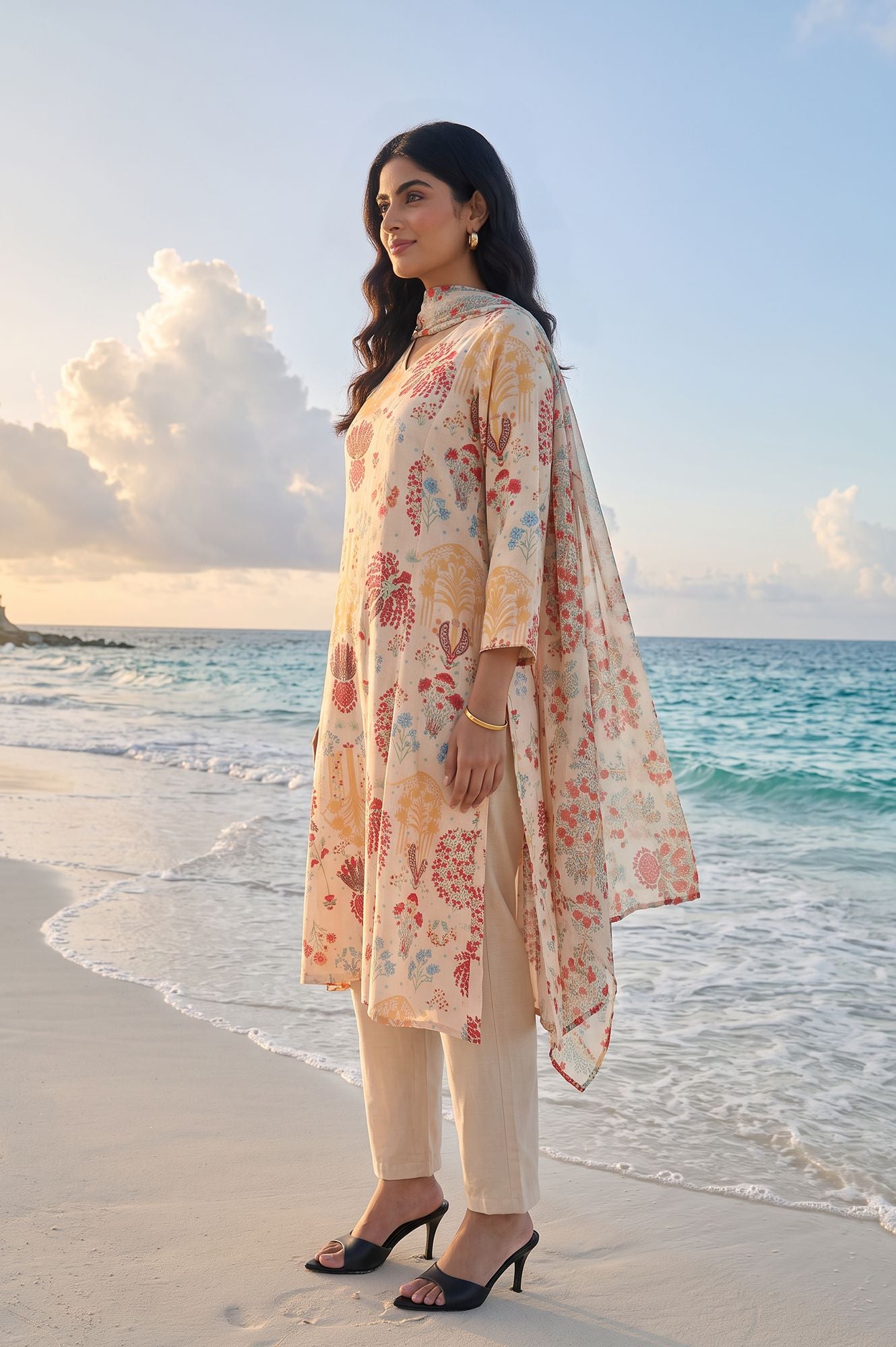 Off-White Floral Printed Straight Kurta with Pants and Dupatta Set