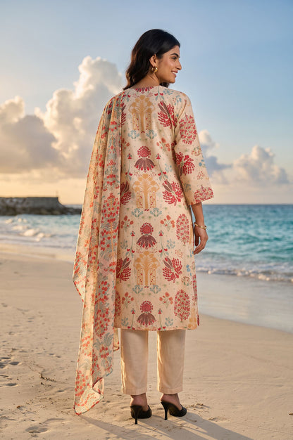 Off-White Floral Printed Straight Kurta with Pants and Dupatta Set