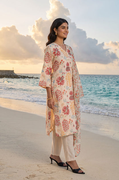 Off-White Floral Printed Straight Kurta with Pants and Dupatta Set