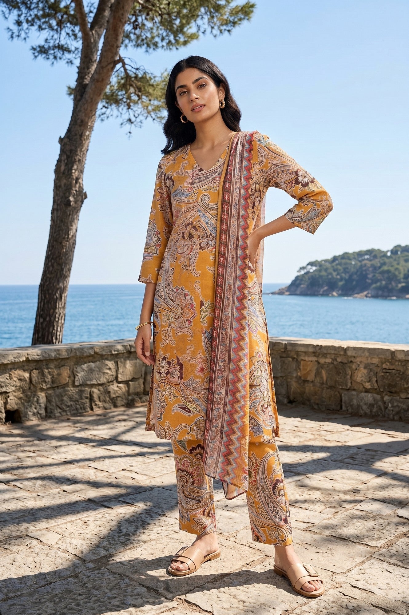 Mustard Paisley Printed Satin Straight Kurta With Pants And Dupatta Set
