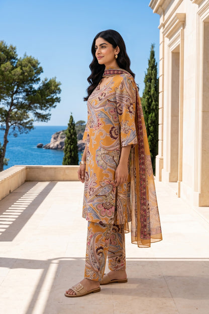 Mustard Paisley Printed Satin Straight Kurta With Pants And Dupatta Set