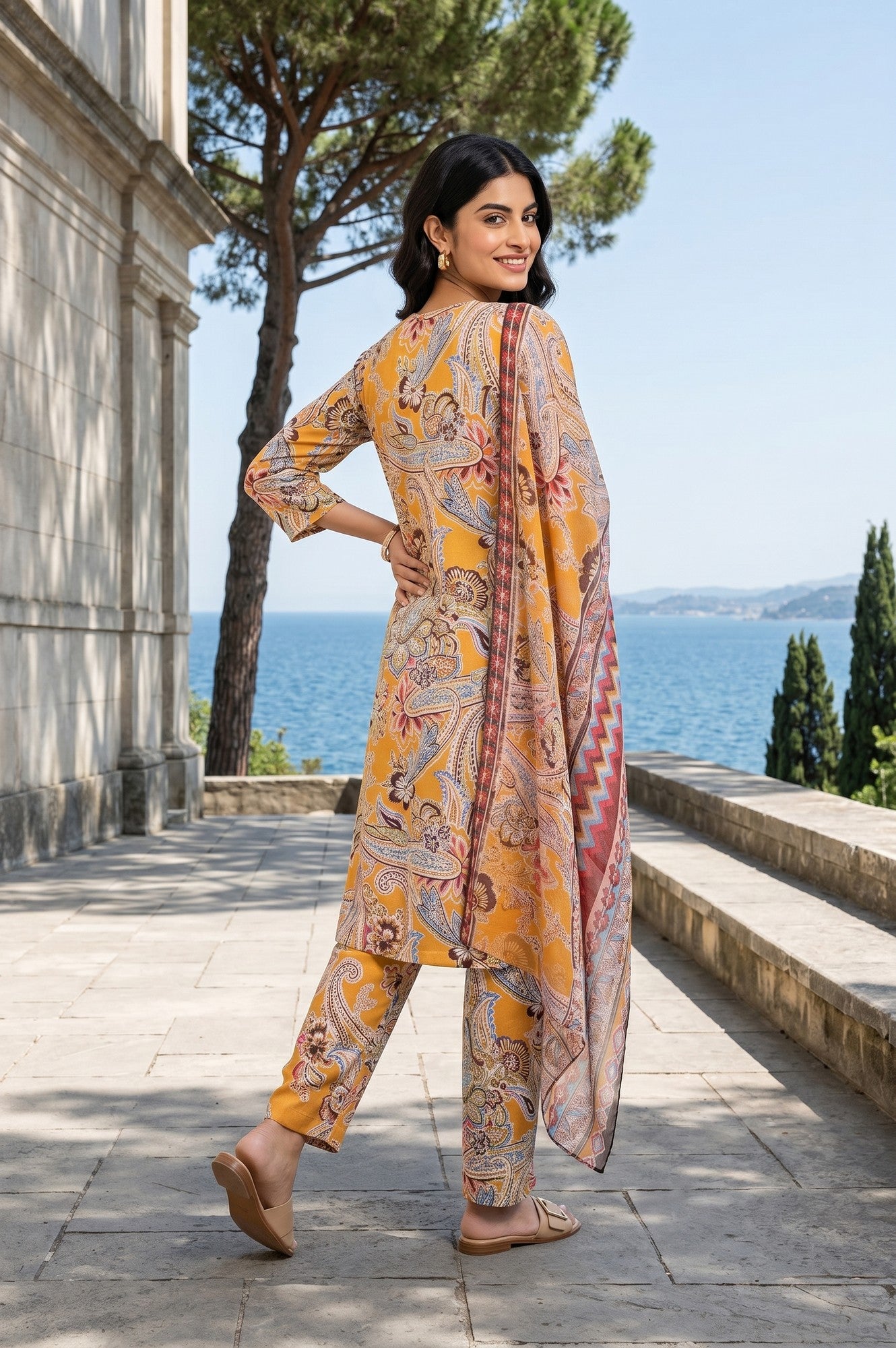 Mustard Paisley Printed Satin Straight Kurta With Pants And Dupatta Set