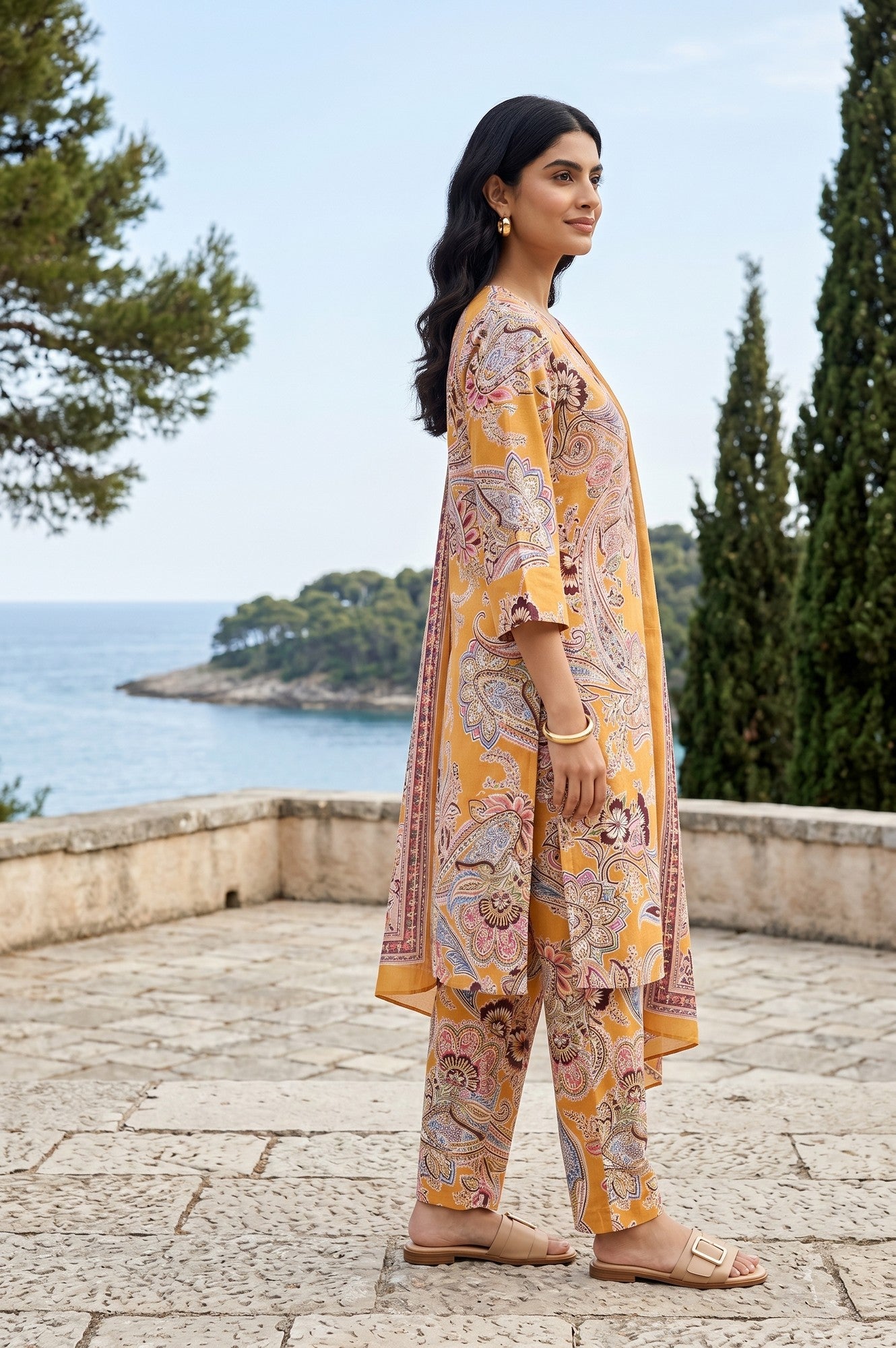 Mustard Paisley Printed Satin Straight Kurta With Pants And Dupatta Set